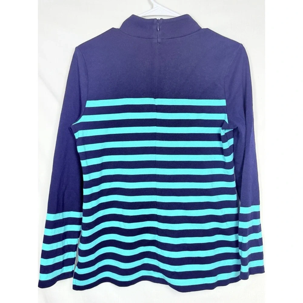 Talbots Striped Mock Neck Top Womens Large Blue Teal Cotton Modal Stretch Knit